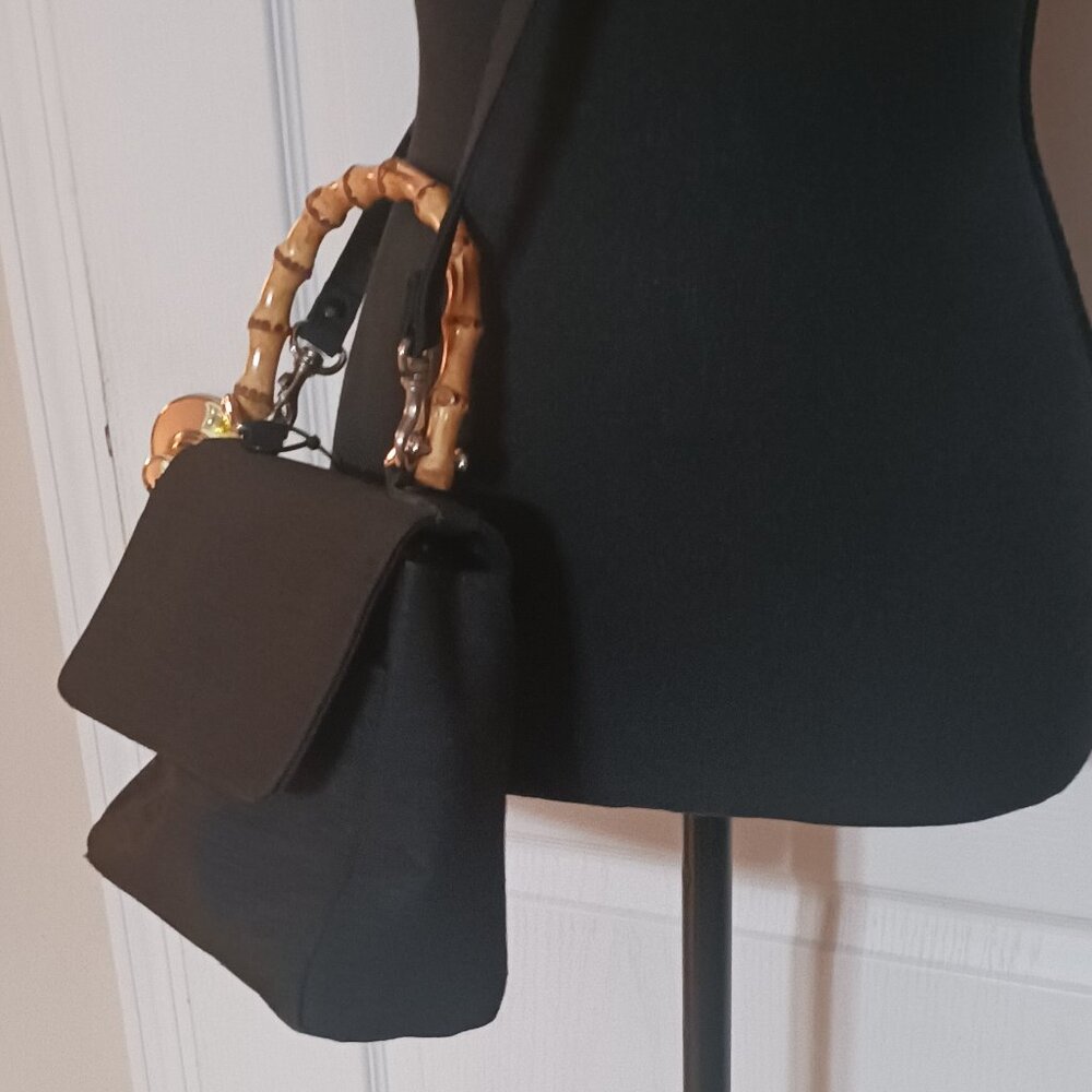 Excellent Vintage Mondani Fabric Black Crossbody Purse With Bamboo Handles